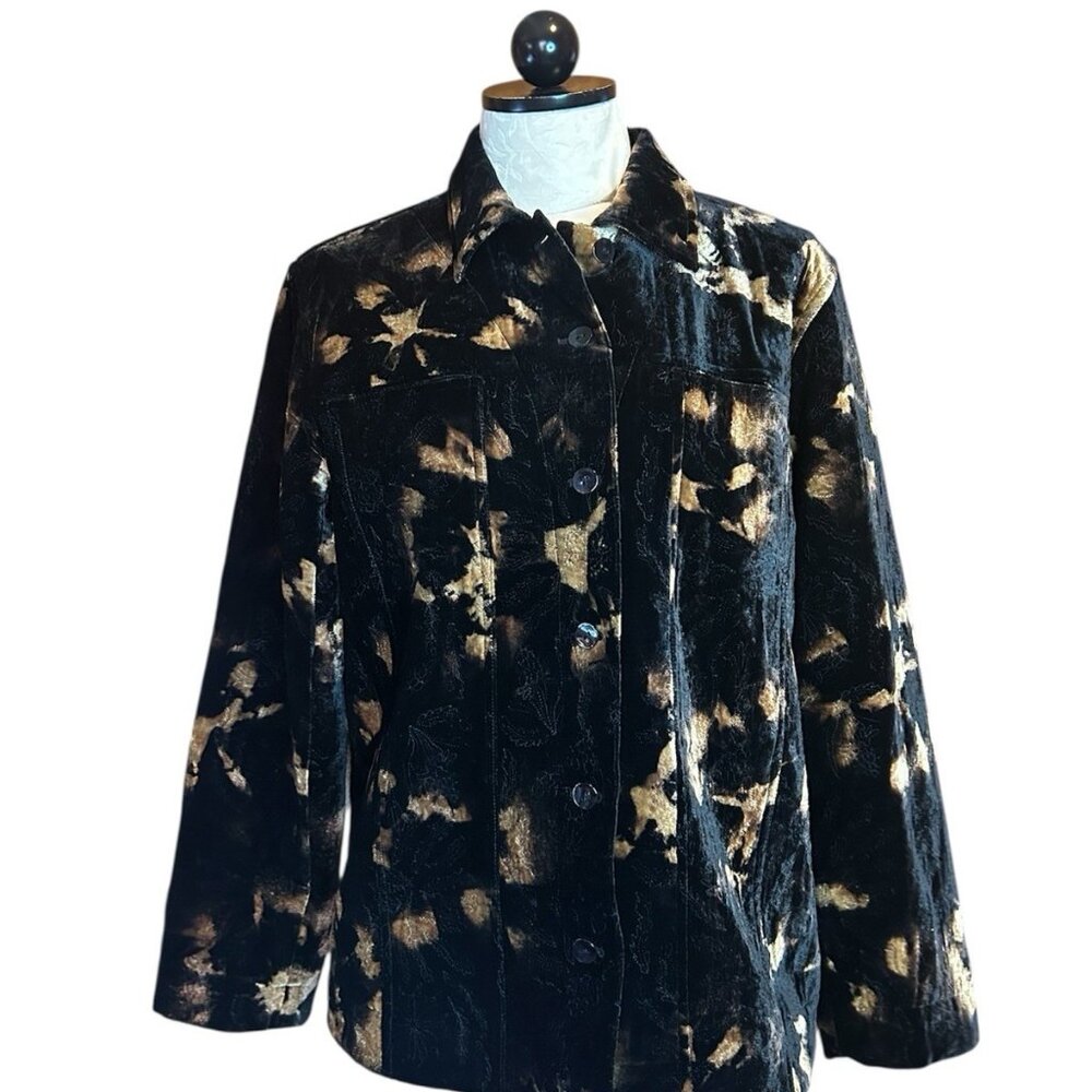 Chico's Design Velvet Soft Button Front Jacket Rayon Silk Black & Brown Sz 1 (M)